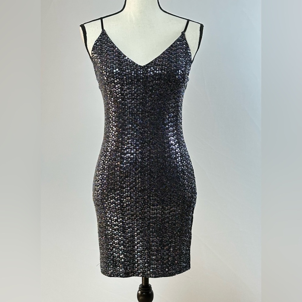 JANUARY 7 vintage black & silver sequin mini dress w/ spaghetti straps - size S